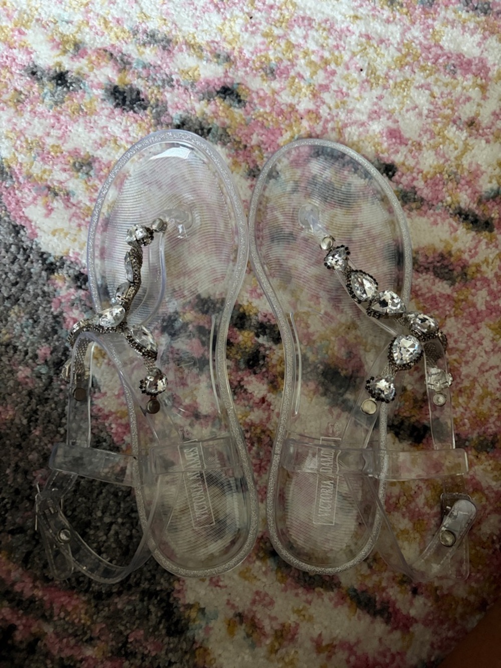 Clear Jelly T-Strap Sandals with Rhinestone Accents